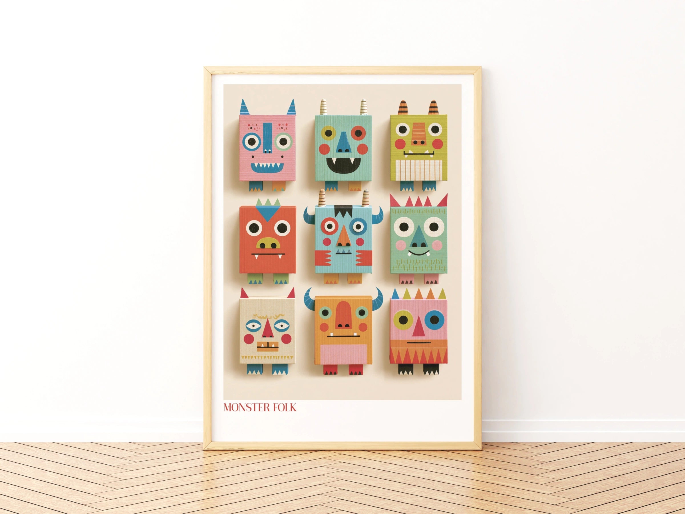 Monster Folk Kids Wall Art Print, Retro Nursery Poster, Colourful Children's Collectable Decor