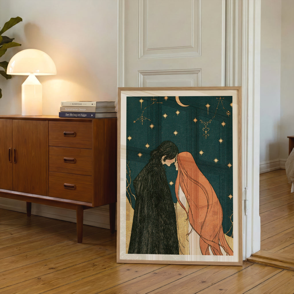 Celestial Lovers Art Print, Starry Night Sky Poster, Vintage Romantic Wall Art, Crescent Moon Couple