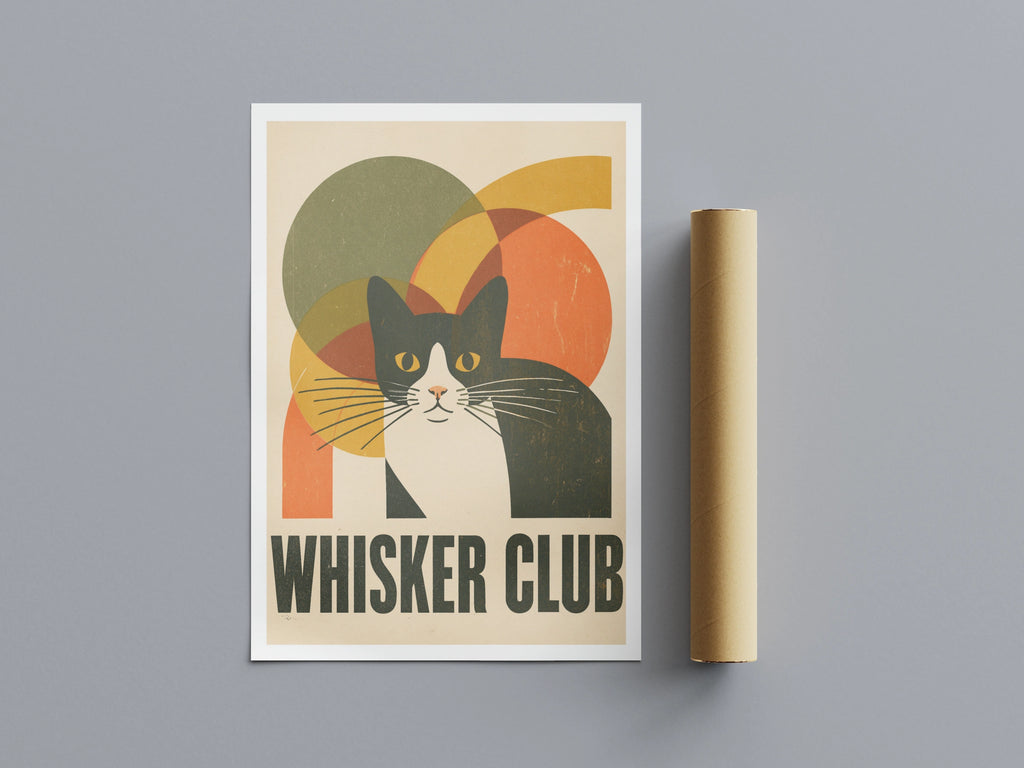 Whisker Club Retro Cat Print, Tuxedo Cat Wall Art, Mid Century Modern Cat Gift