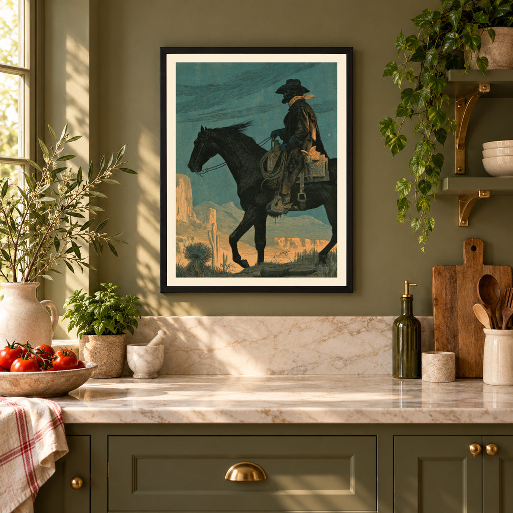 Western Cowboy Wall Art, Vintage Desert Landscape Print, Cowboy on Horseback Poster, Teal and Orange