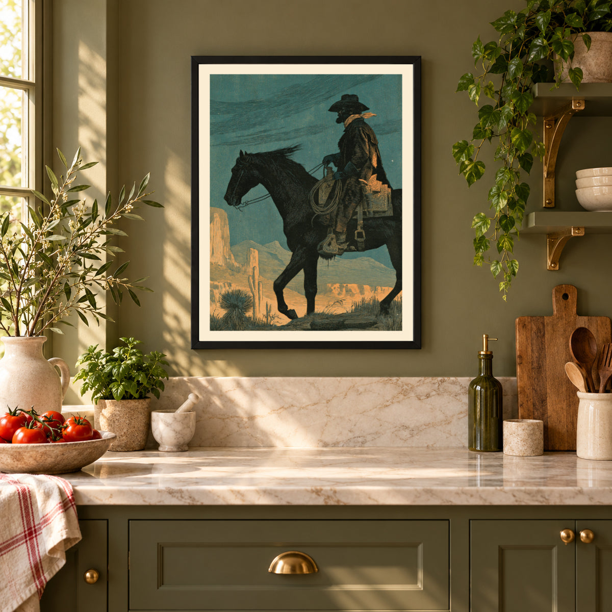 Western Cowboy Wall Art, Vintage Desert Landscape Print, Cowboy on Horseback Poster, Teal and Orange