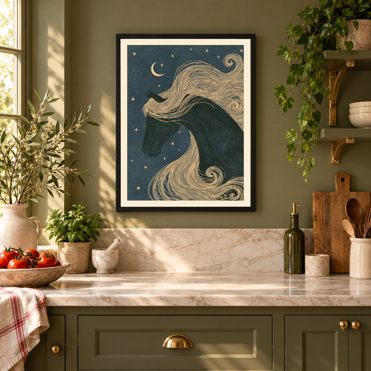 Celestial Horse Wall Art, Black Horse Poster, Moon and Stars Print, Equestrian Decor, Night Sky Art