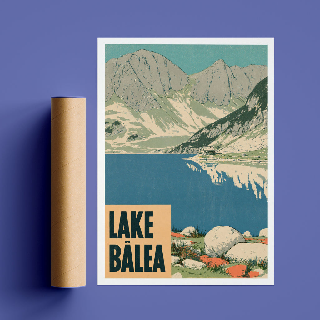 Retro Lake Balea Print, Vintage Travel Poster, Romania Carpathian Mountains Wall Art, Alpine