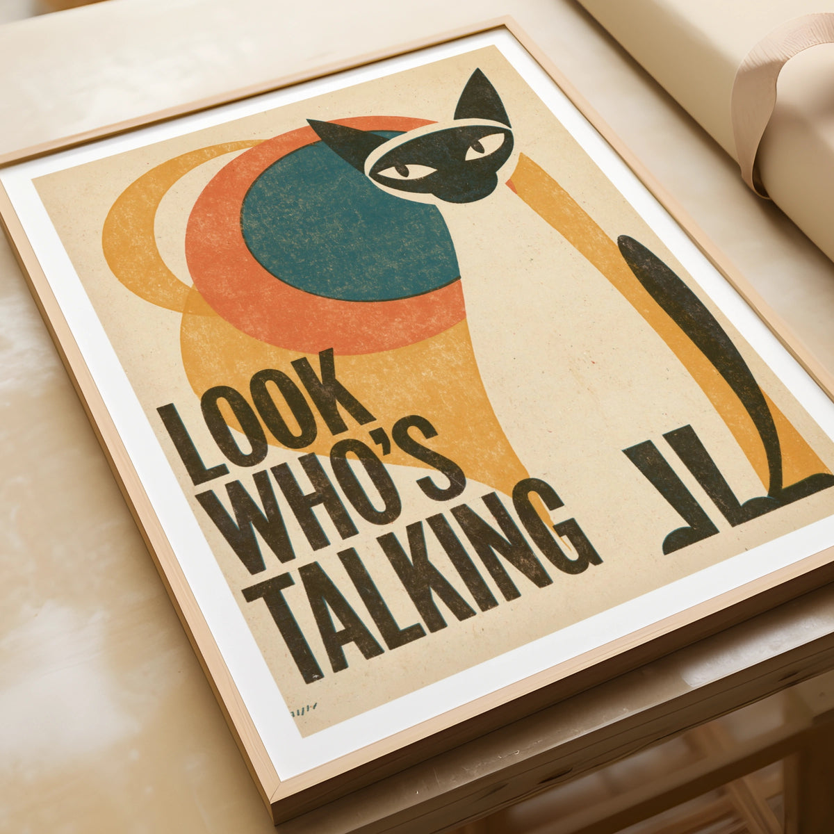 Retro Cat Print, Look Who's Talking, Siamese Cat Wall Art, Vintage Folk Style