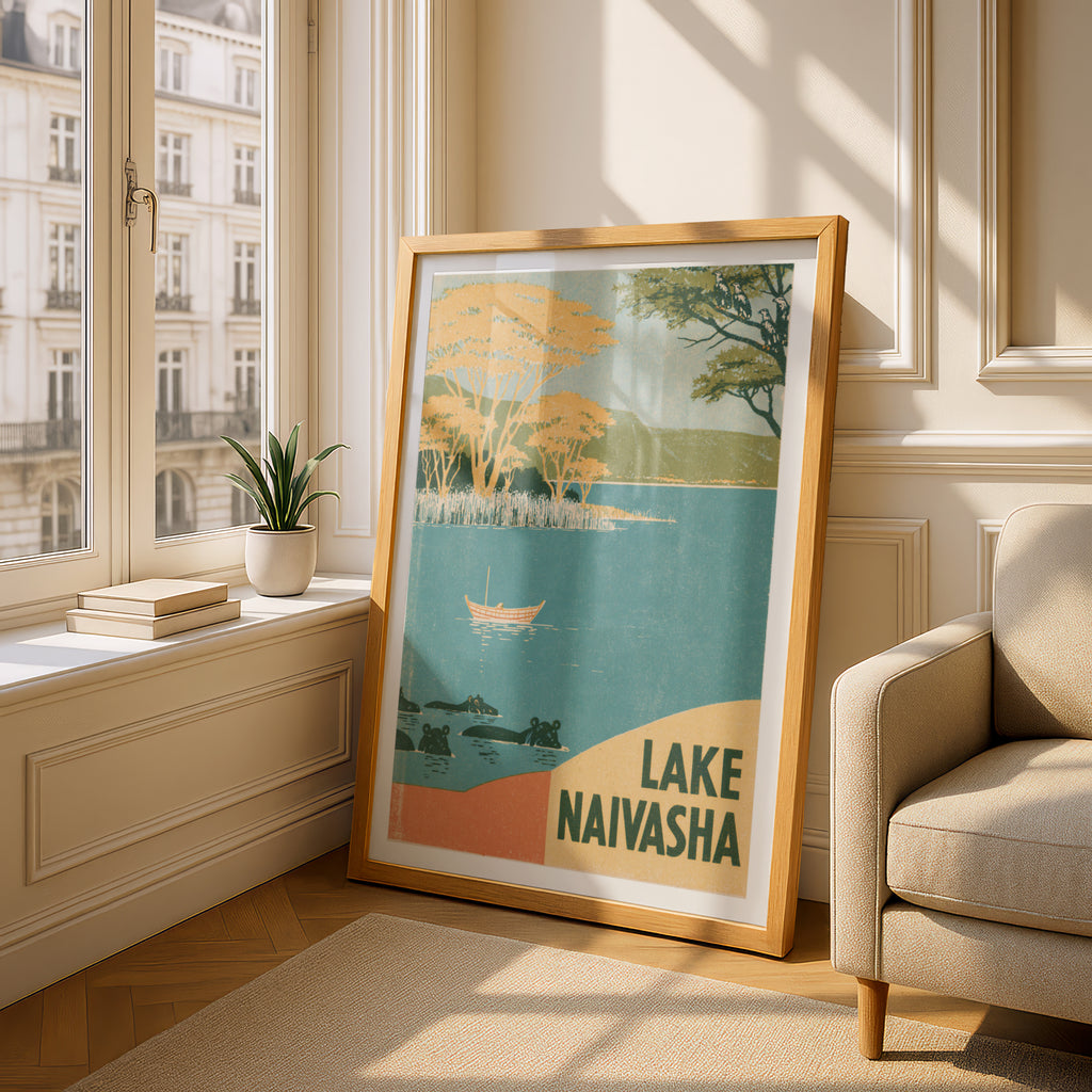 Retro Lake Naivasha Kenya Poster, Vintage Travel Wall Art, Hippo Safari Print, African Landscape