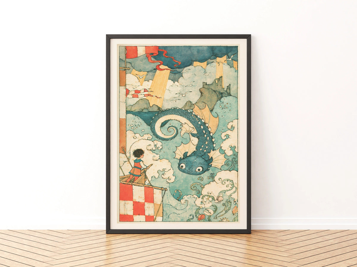 The Sea Captain & Sea Dragon Print,  Ocean adventure Art for Boys Bedroom, Mytholgy