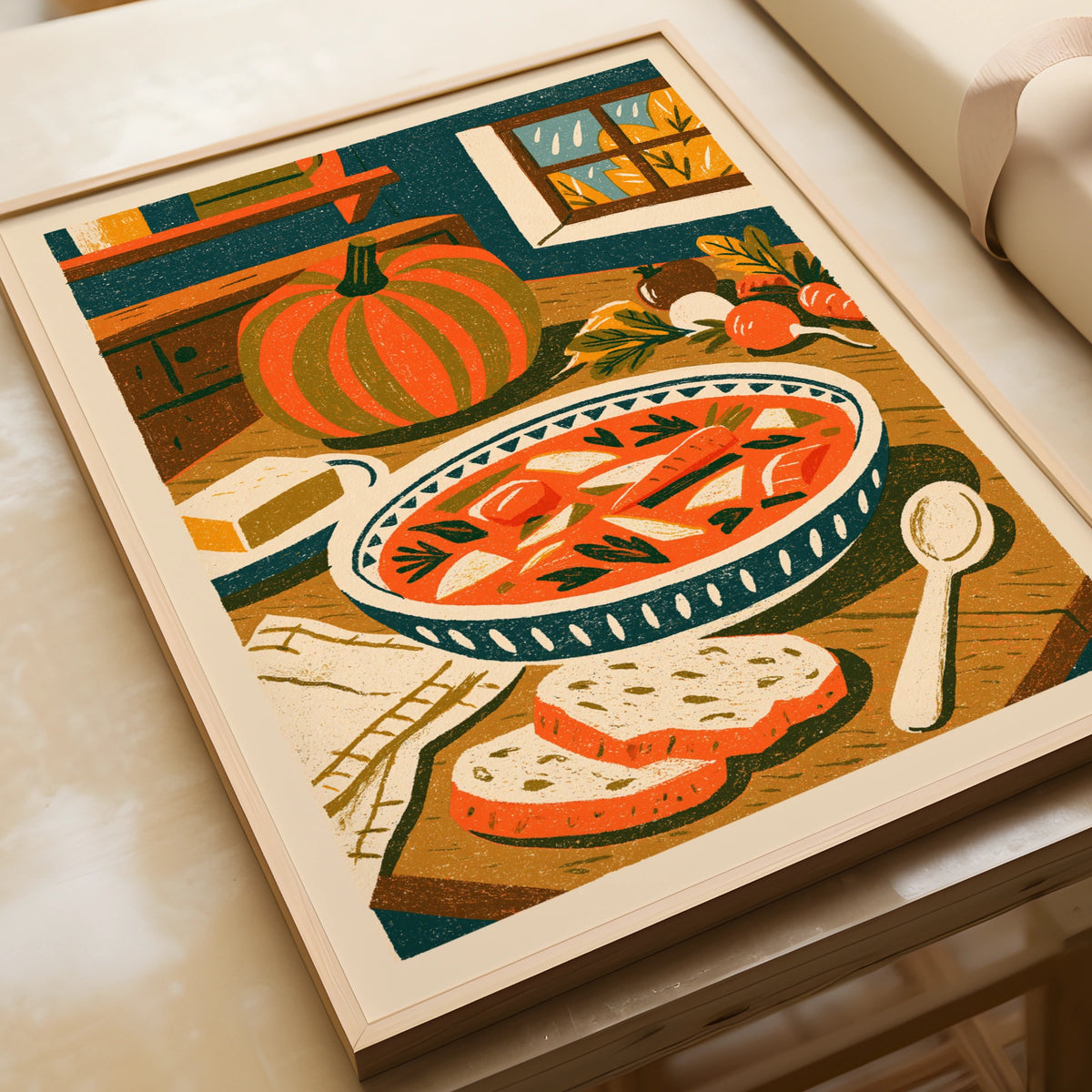 Vintage Food Poster Print, Rustic Kitchen Decor, Retro Mid Century Risograph Pumpkin Soup Art