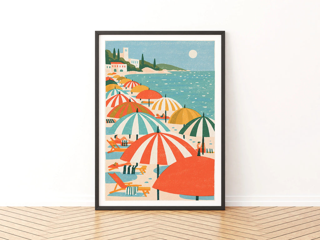 Retro Mediterranean Beach Poster, Colourful Striped Umbrellas, Vintage Summer Travel Print Wall Art