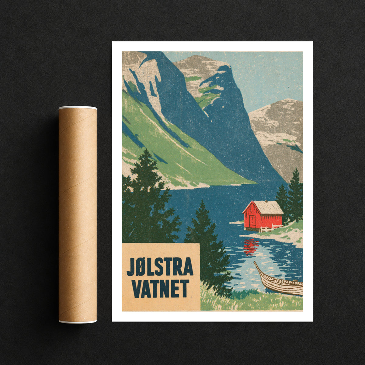 Retro Norway Fjord Poster, Jølstravatnet Lake Print, Vintage Travel Scandinavian Mountain Wall Art