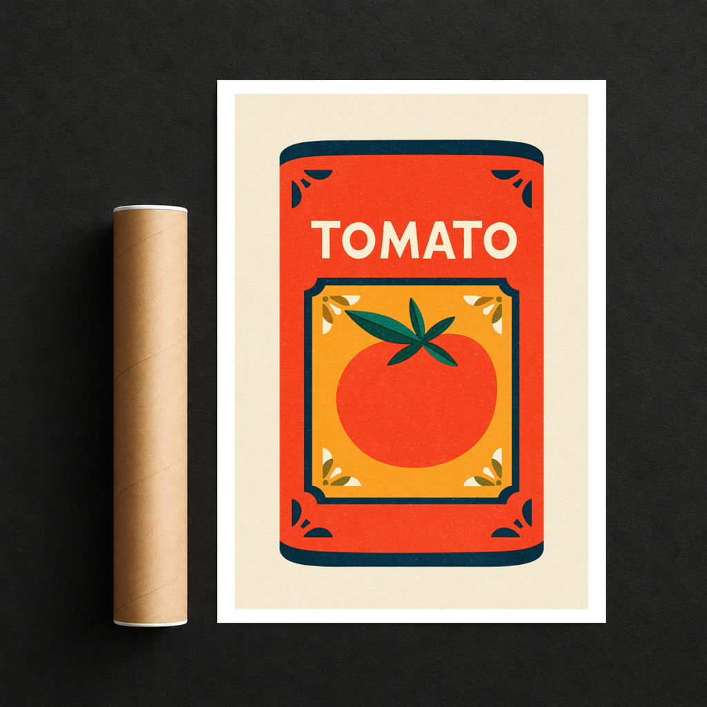 Vintage Food Poster Print, Tomato Can, Rustic Kitchen Decor, Retro Mid Century Risograph Wall Art