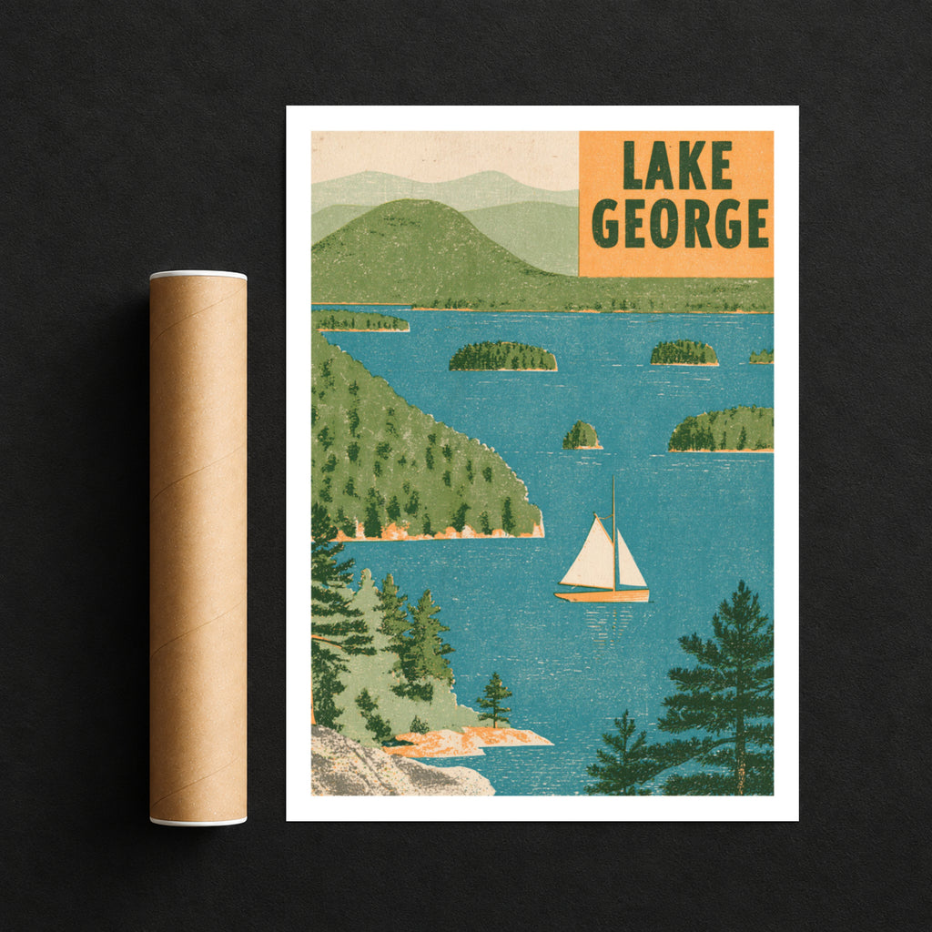 Retro Lake George Poster, Vintage Travel Print, New York Adirondacks Sailboat Wall Art, Lake House