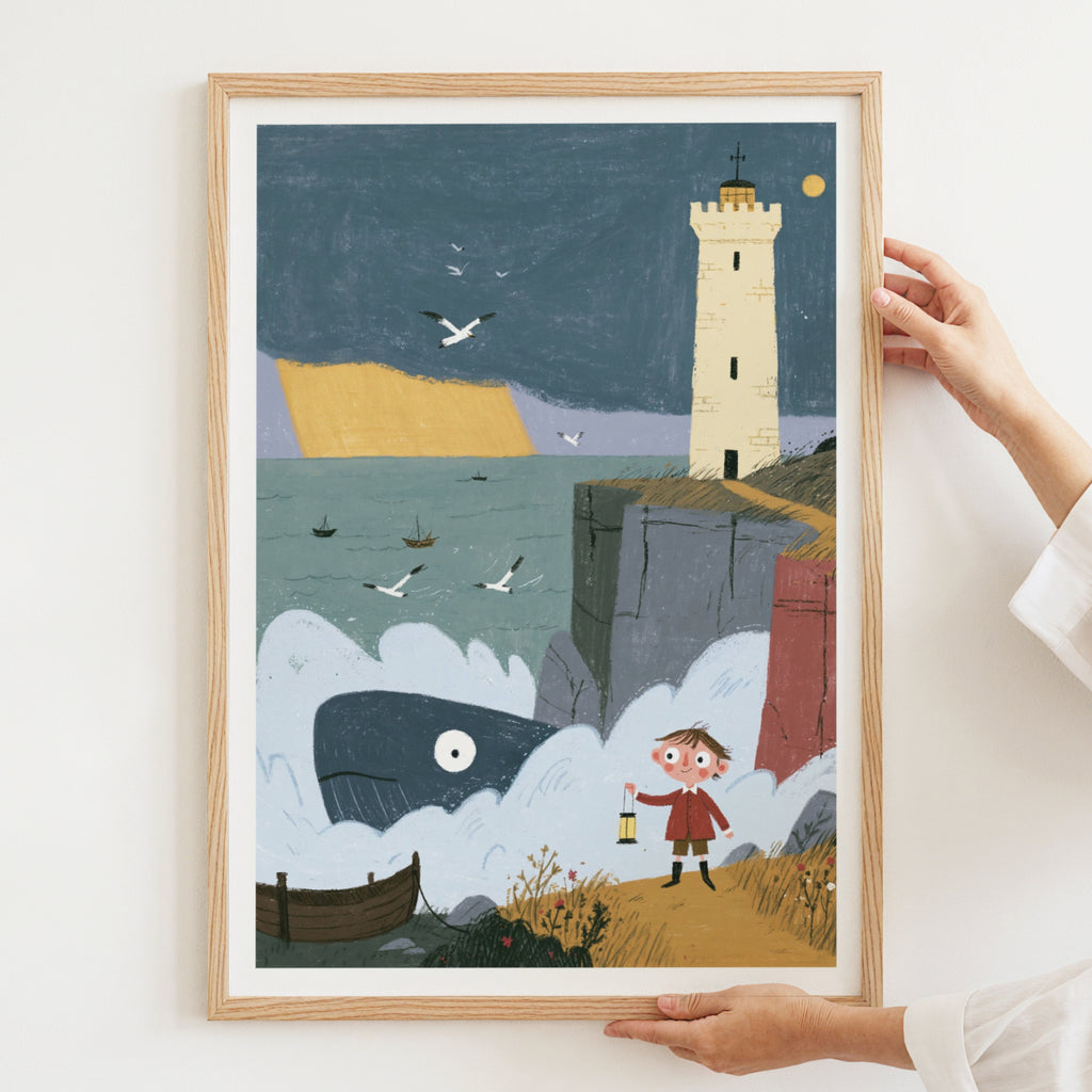 Lighthouse Whale Art Print, Children's Book Illustration, Coastal Nursery Wall Art, Boy With Lantern