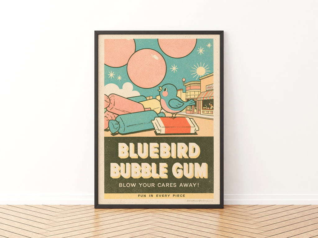 Contemporary Bluebird Bubble Gum Print, Retro Sweet Shop Wall Art, Kitchen Diner Decor