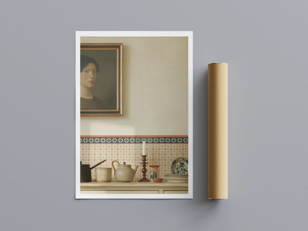 Contemporary Dutch Kitchen Still Life Art Print, Vintage Tiles Portrait Wall Decor