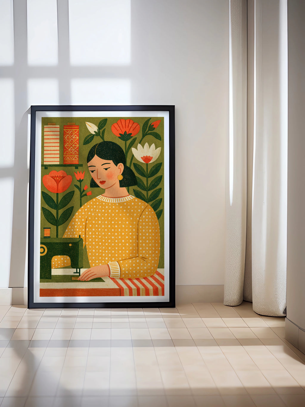 Retro Sewing Print, Craft Room Wall Art, Vintage Sewing Machine Poster, Floral Folk Art Gift