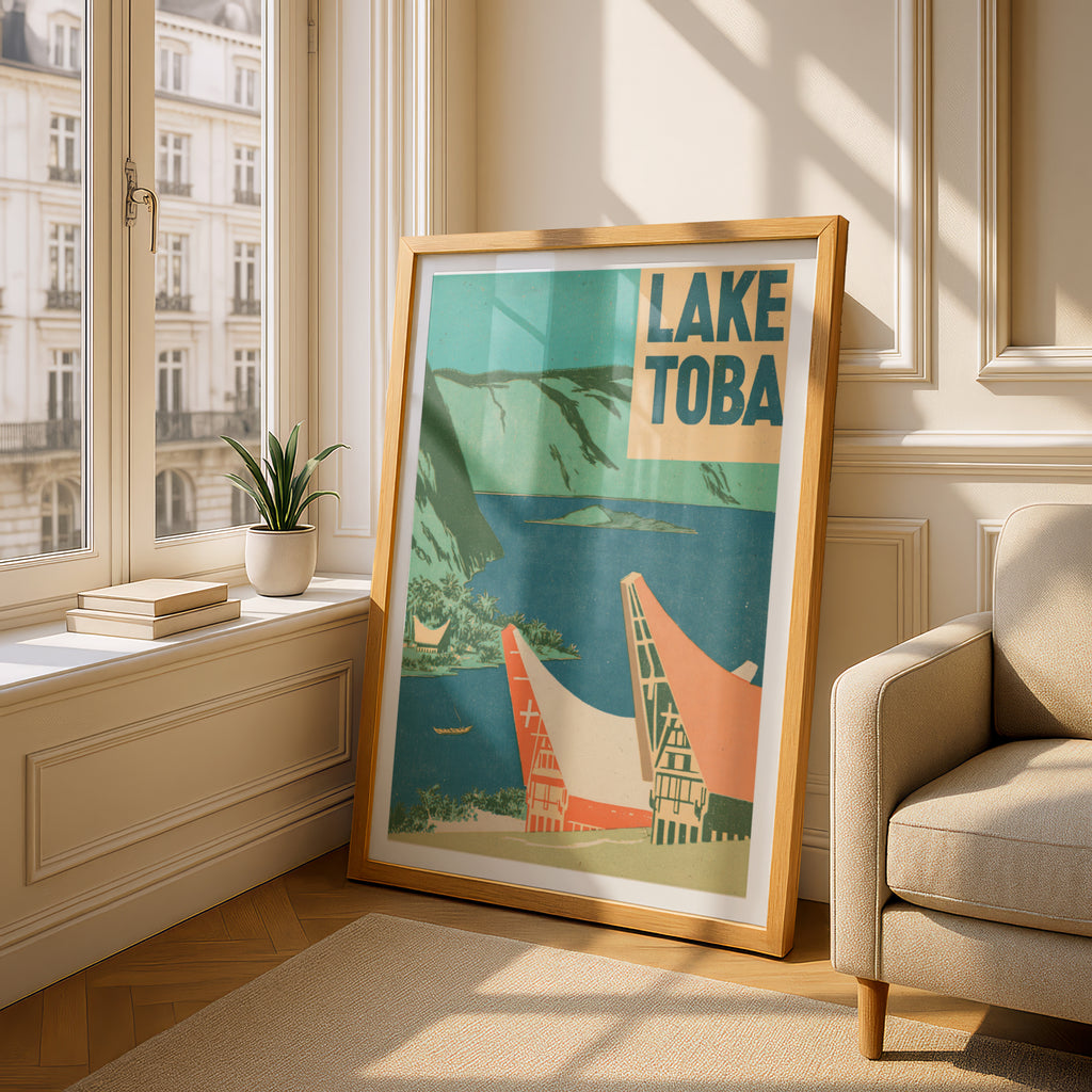 Retro Lake Toba Print, Vintage Travel Poster, Sumatra Indonesia Wall Art, Batak House Art Print