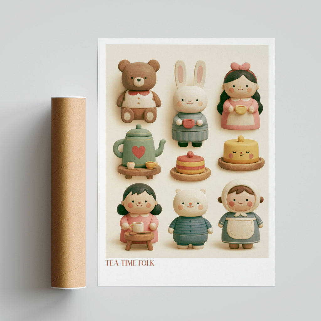 Tea Time Folk Retro Nursery Poster, Cute Wooden Toy Characters Children's Print, Kids Wall Art