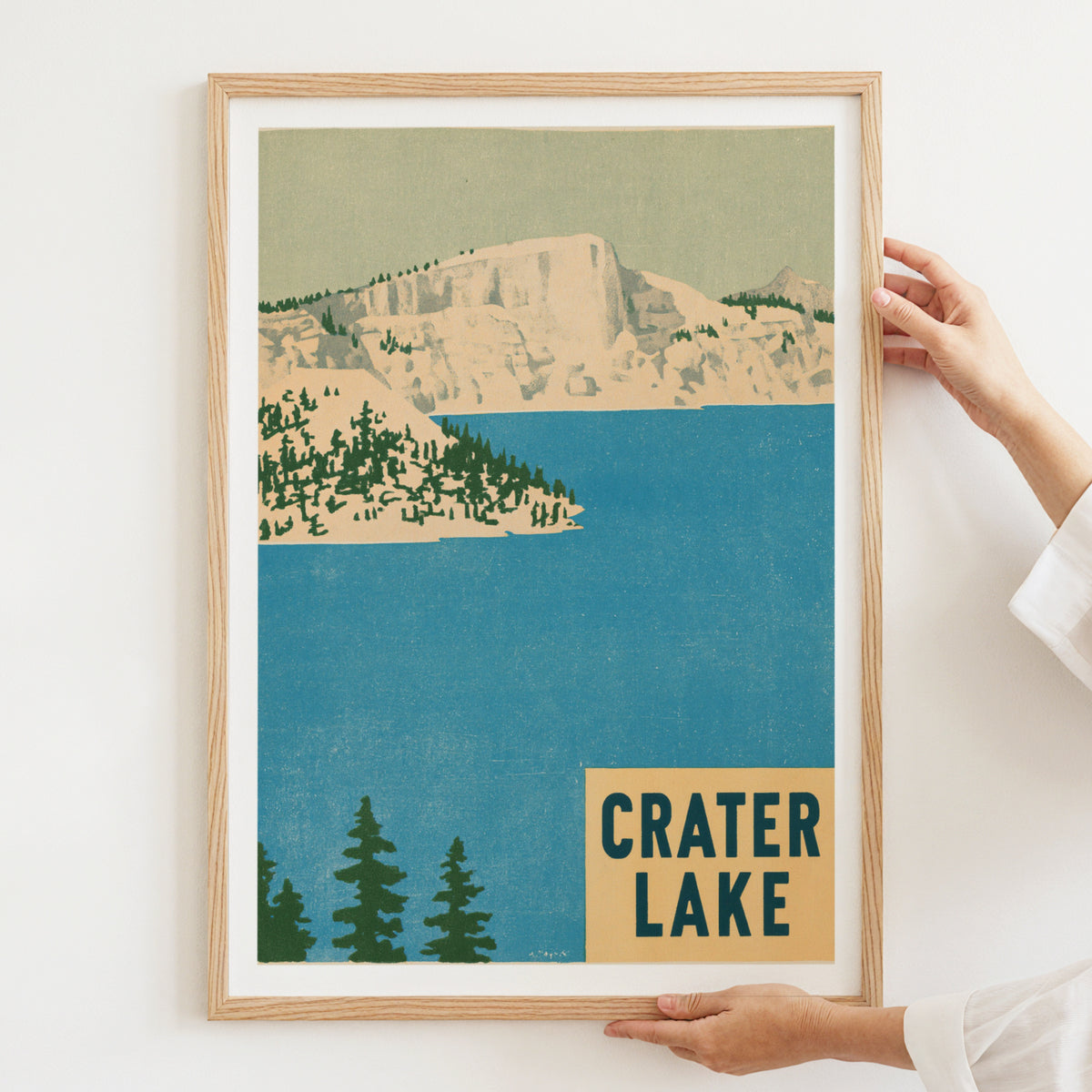 Retro Crater Lake Poster, Vintage Travel Print, Oregon National Park Wall Art, Blue Lake Decor