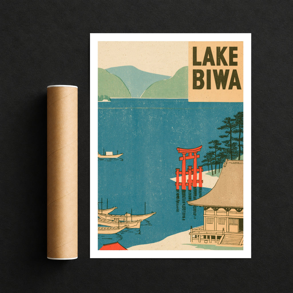 Lake Biwa Japan Retro Travel Poster, Vintage Travel Torii Gate Woodblock Style, Japanese Wall Art