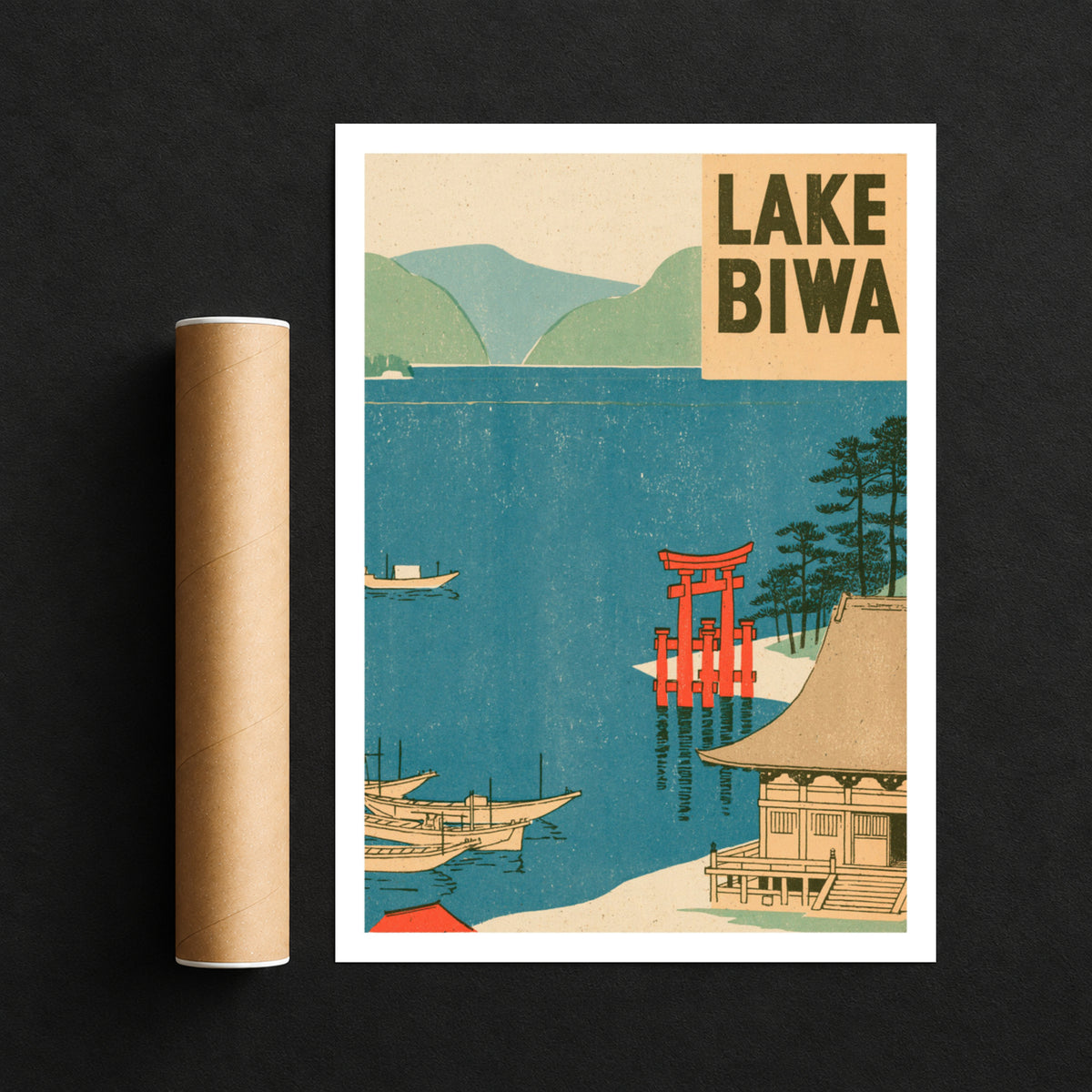 Lake Biwa Japan Retro Travel Poster, Vintage Travel Torii Gate Woodblock Style, Japanese Wall Art