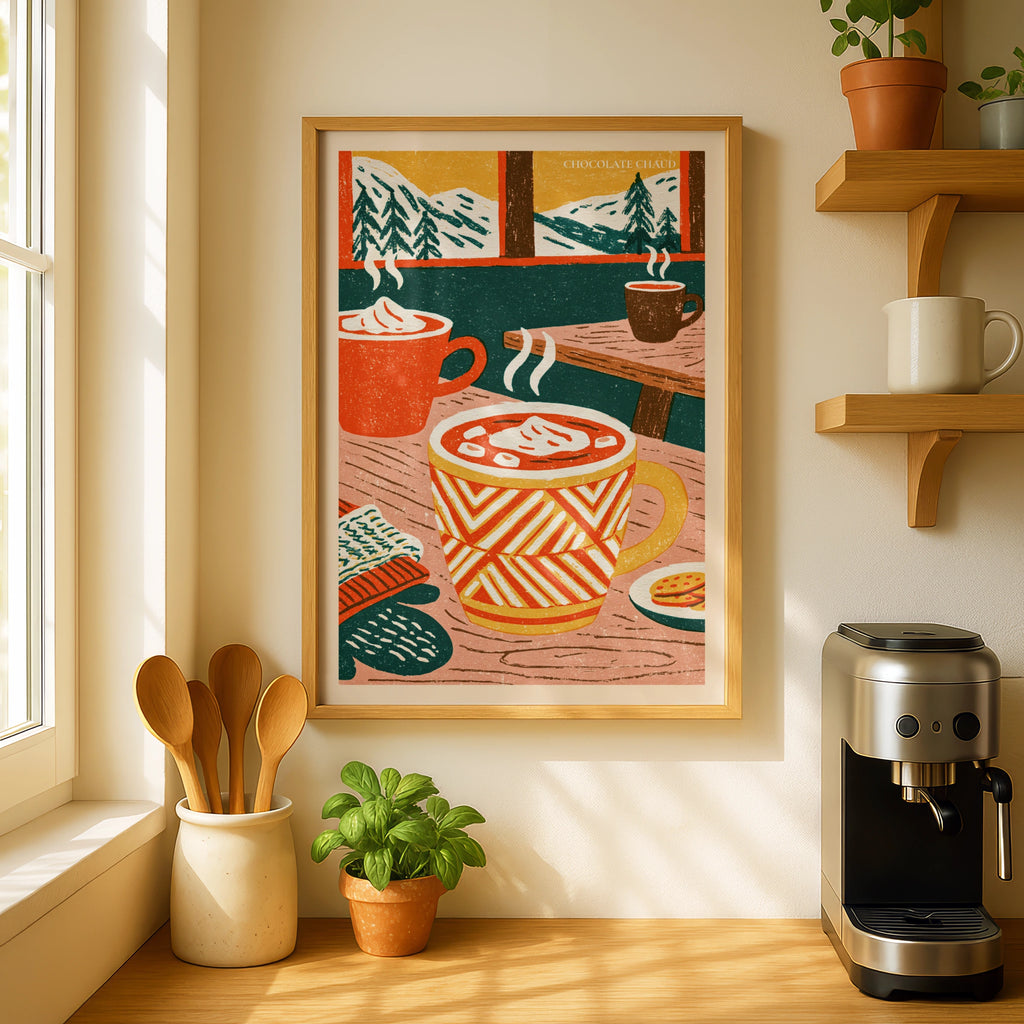 Vintage Food Poster Print, Hot Chocolate Chaud, Rustic Kitchen Decor, Retro Mid Century Risograph