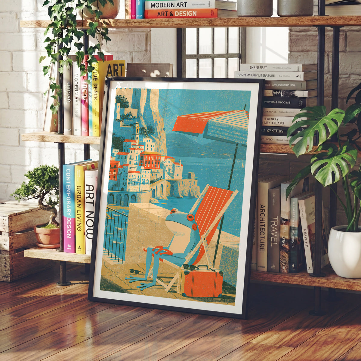 Contemporary Amalfi Coast Frog Print, Whimsical Italy Travel Art, Deckchair Seaside Wall Decor