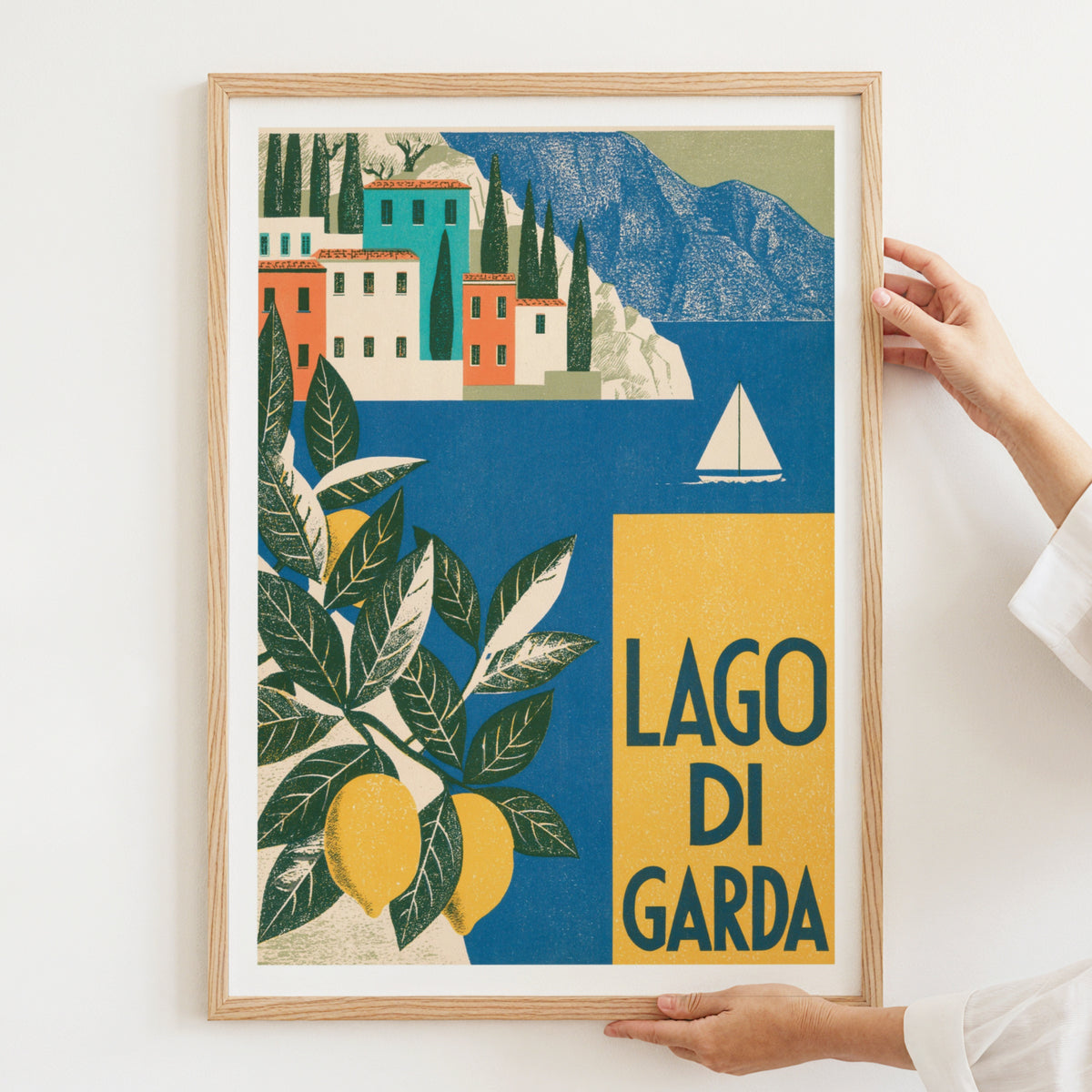 Lago di Garda Retro Travel Poster, Vintage Travel Italian Lake Print, Lemon Tree Wall Art