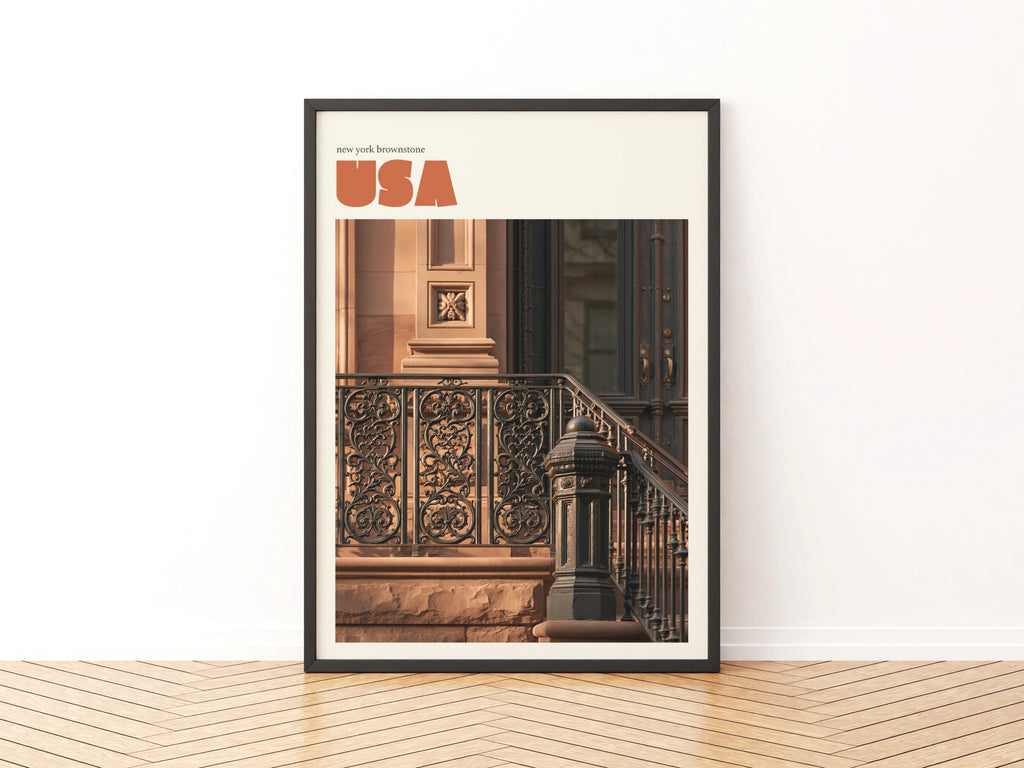 New York Brownstone Retro Travel Poster, NYC Architecture Wall Art Print USA