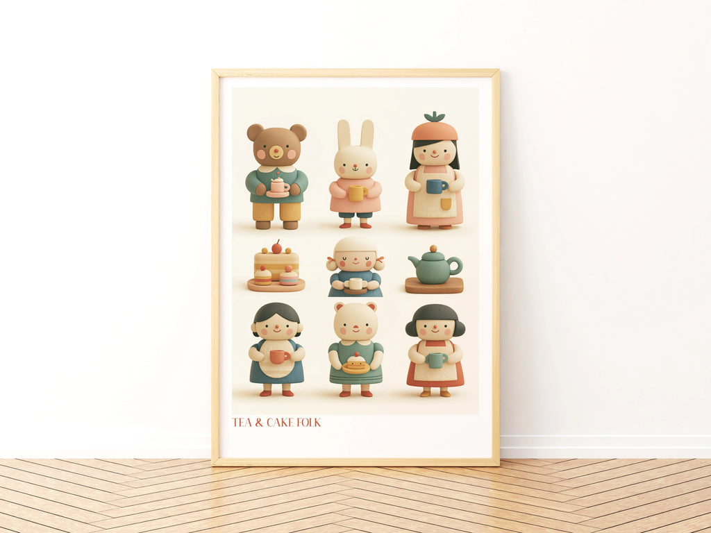 Tea & Cake Folk Retro Children's Print, Cute Bear Bunny Wall Art, Kids Nursery Poster