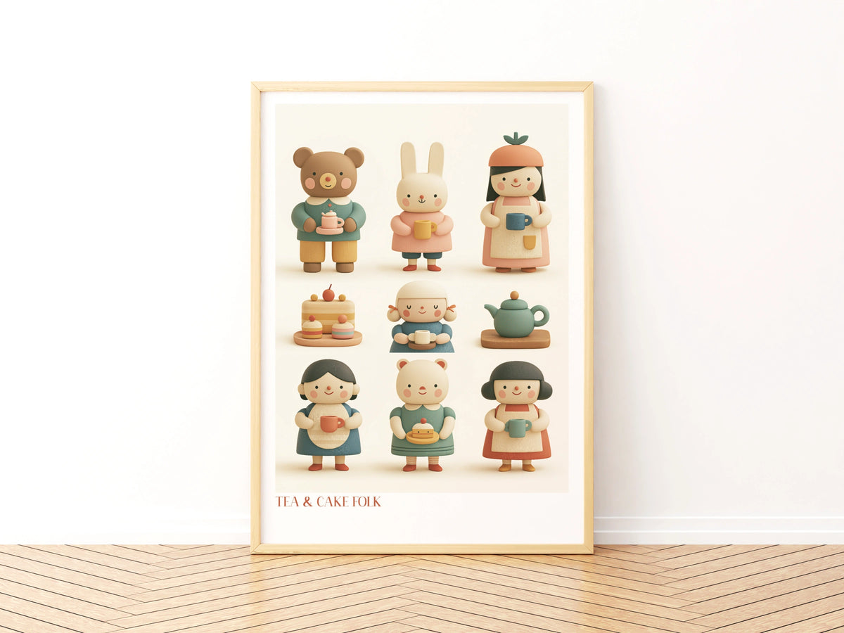 Tea & Cake Folk Retro Children's Print, Cute Bear Bunny Wall Art, Kids Nursery Poster