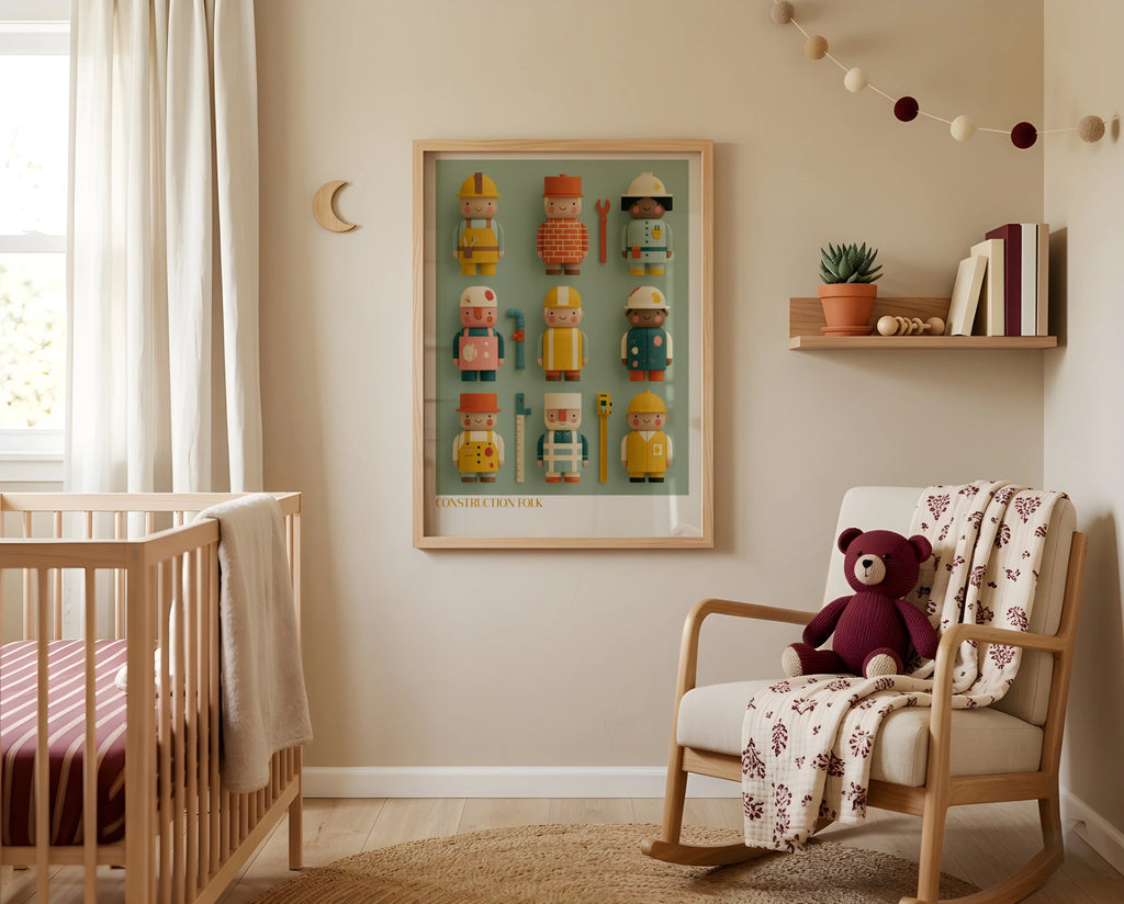 Construction Folk Kids Wall Art, Retro Wooden Toy Characters Print, Children's Bedroom Poster