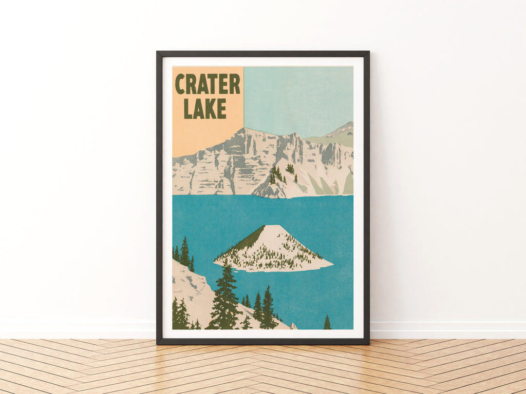 Retro Crater Lake Poster, Vintage Travel Print, Oregon National Park Wall Art, Wizard Island