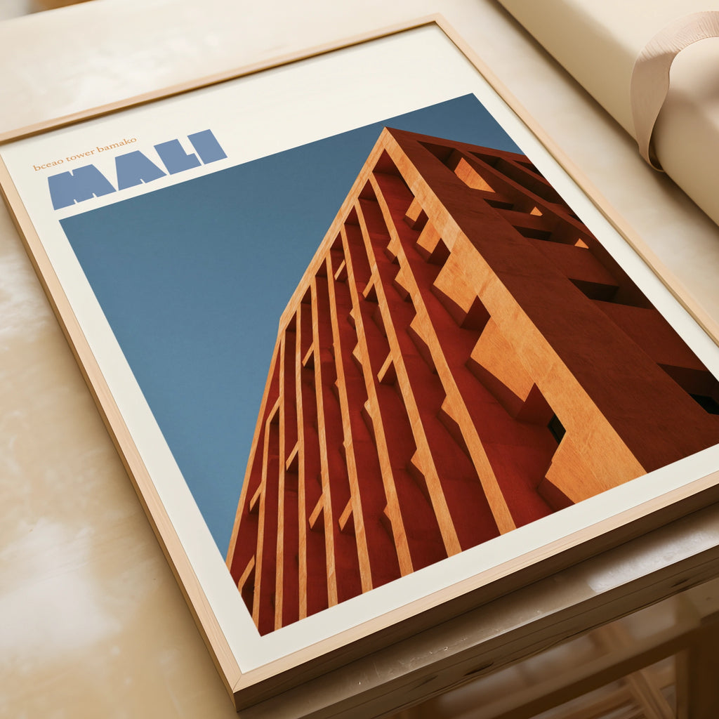 Mali Travel Print, BCEAO Tower Bamako, contemporary African architecture wall art