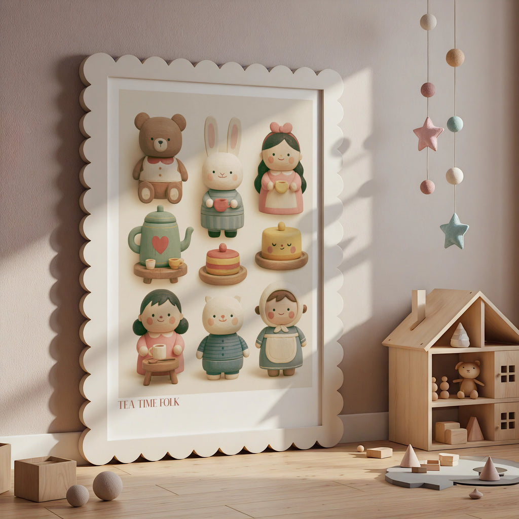 Tea Time Folk Retro Nursery Poster, Cute Wooden Toy Characters Children's Print, Kids Wall Art