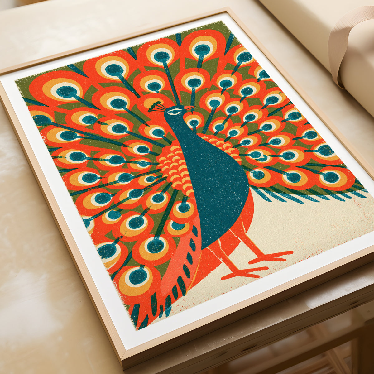 Retro Peacock Wall Art, Vintage Bird Poster, Mid Century Animal Print, Bold Orange Gallery Wall