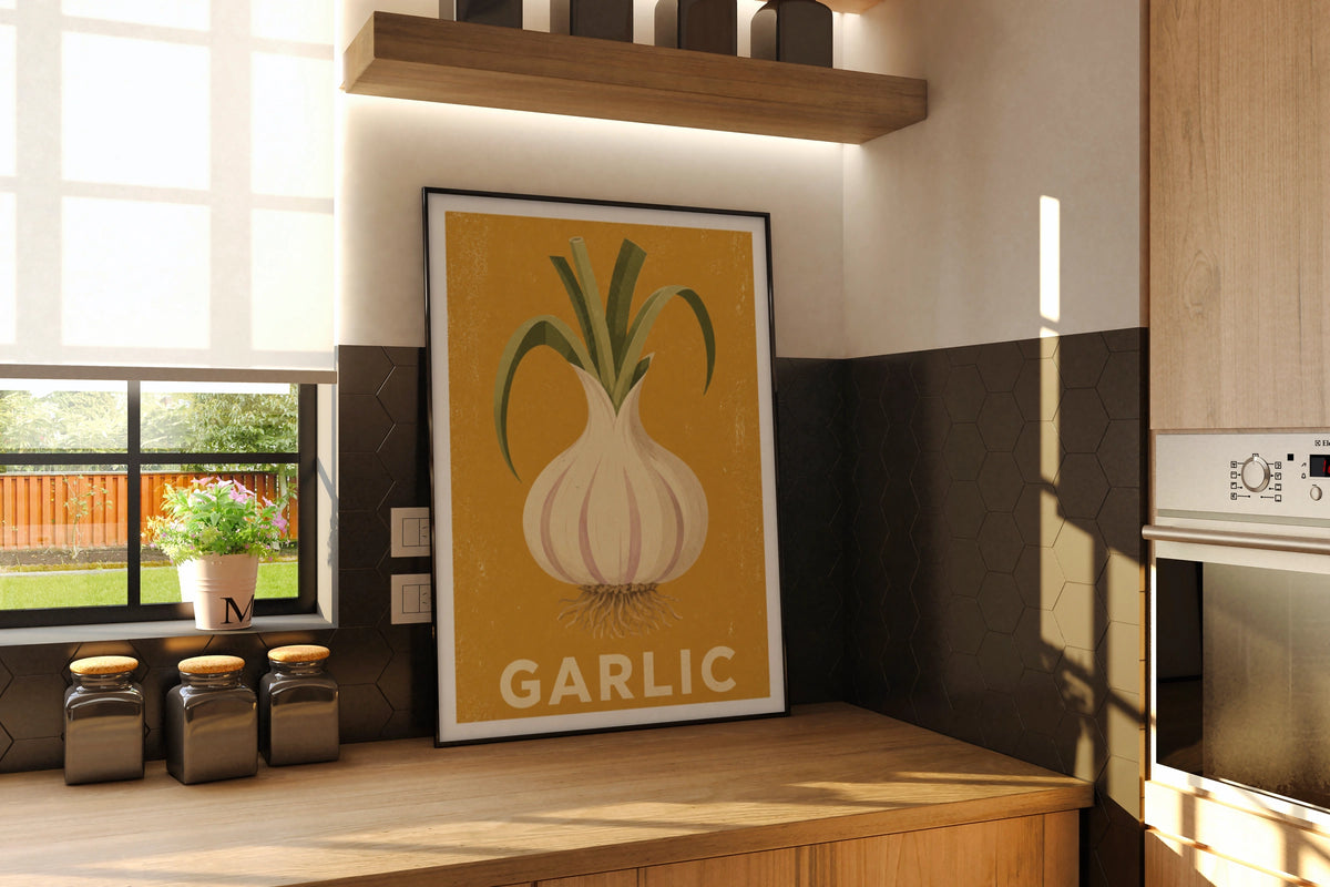 Garlic Vintage Food Poster Print | Rustic Kitchen Decor | Retro Mid Century Risograph Art