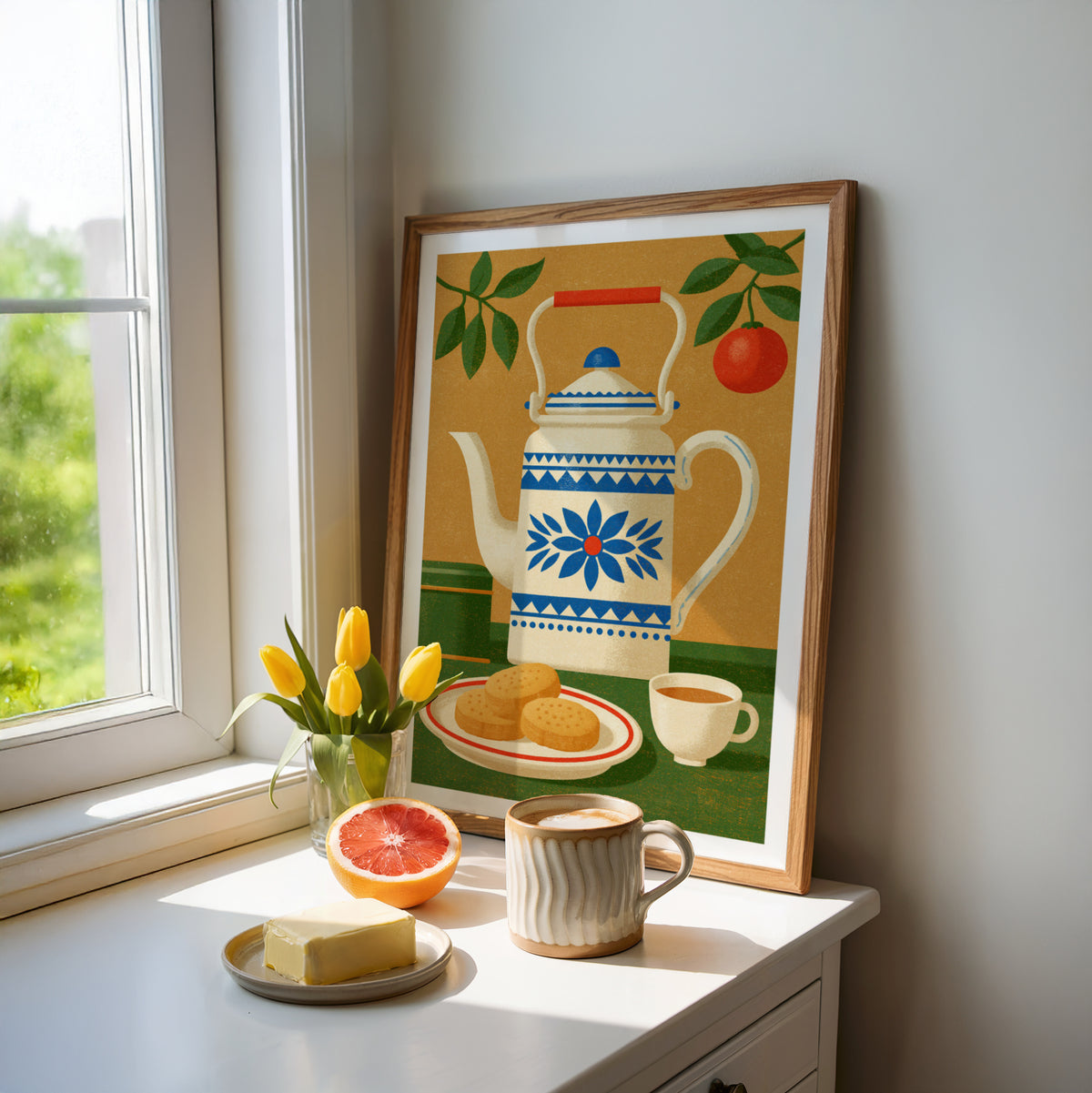 Vintage Food Poster Print, Retro Tea Kettle Art, Rustic Kitchen Decor, Mid Century Risograph Wall