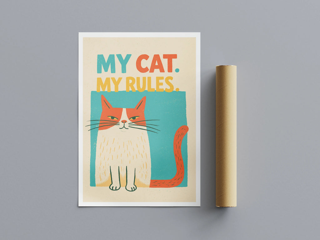 My Cat My Rules Retro Cat Print, Funny Cat Wall Art, Ginger Cat Folk Art Print