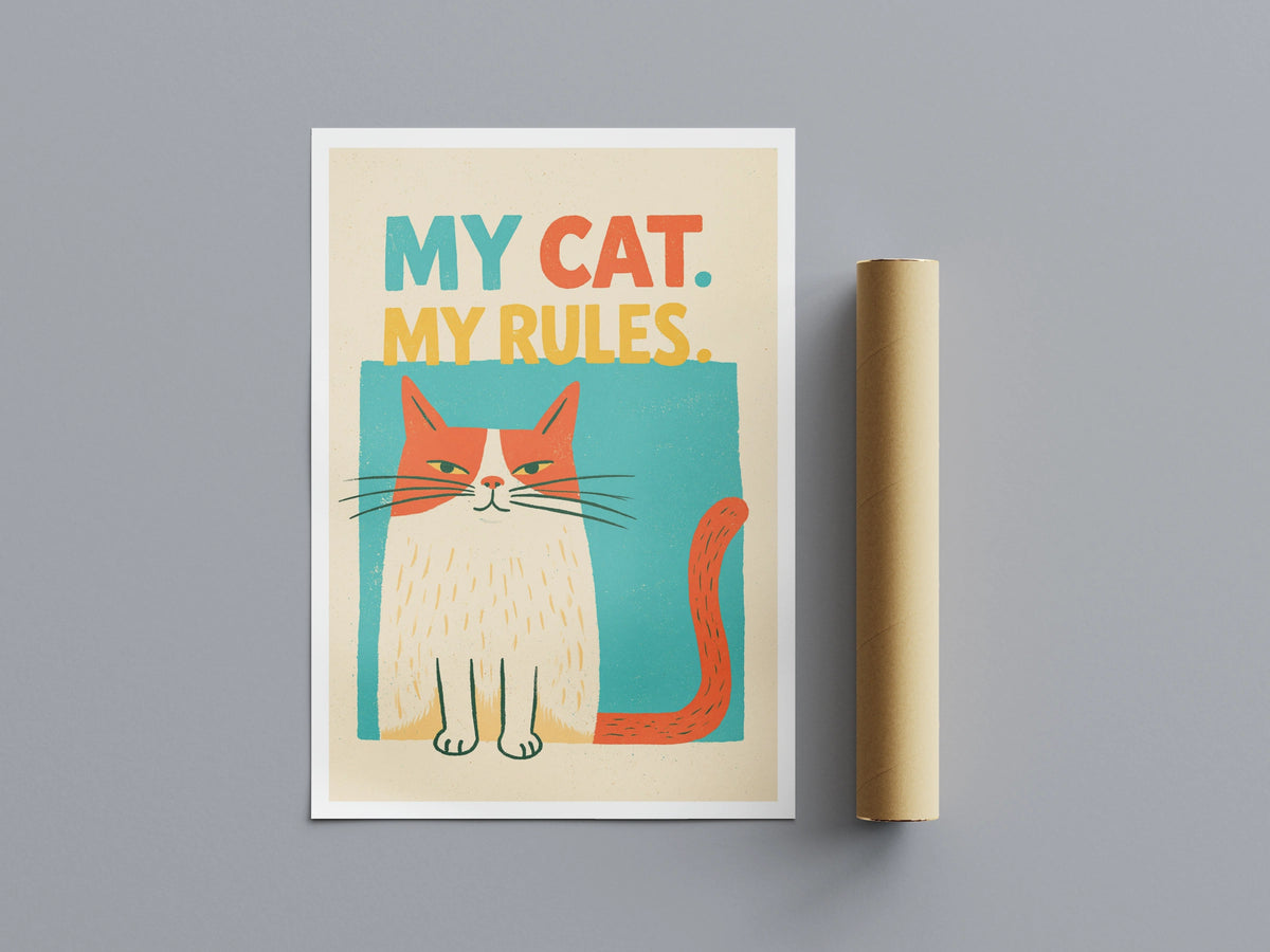 My Cat My Rules Retro Cat Print, Funny Cat Wall Art, Ginger Cat Folk Art Print