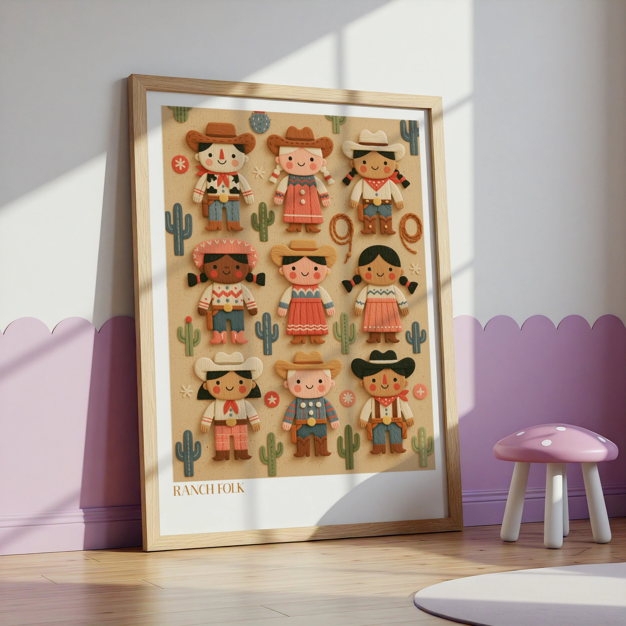 Ranch Folk Retro Kids Cowboy Poster, Children's Western Wall Art, Cute Nursery Print Collectable