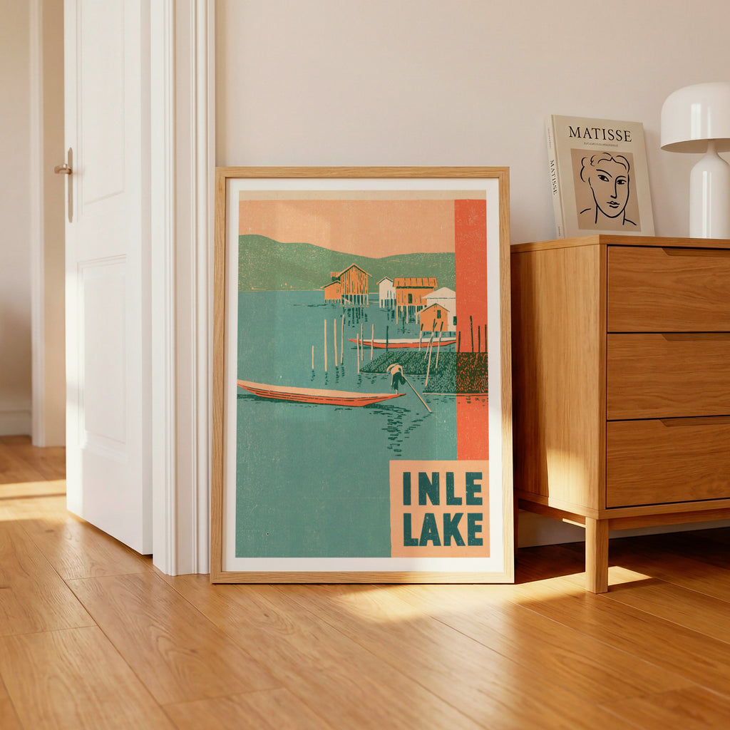Retro Inle Lake Poster, Vintage Travel Print, Myanmar Burma Wall Art, Stilt Houses, Fisherman Boat