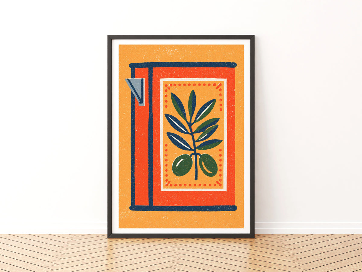 Vintage Food Poster Print, Olive Tin Can Art, Rustic Kitchen Decor, Retro Mid Century Risograph