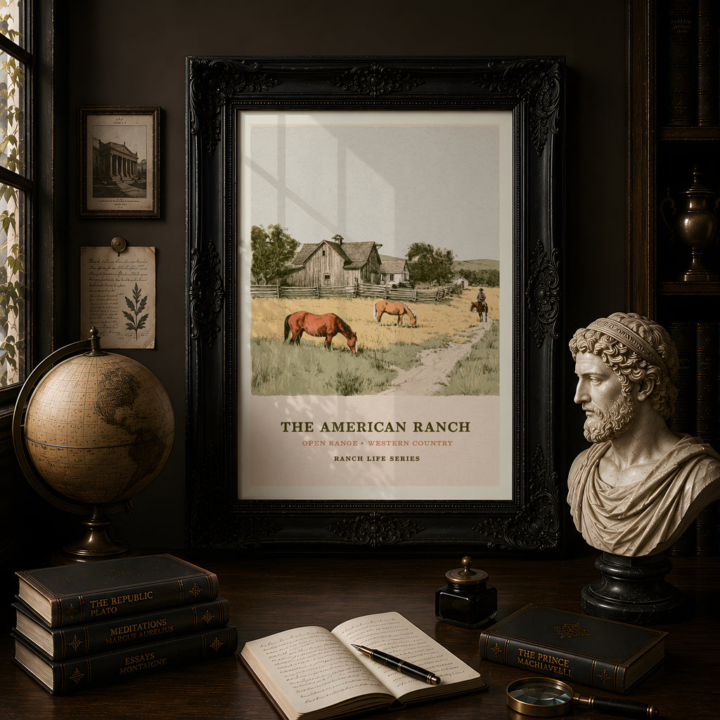 The American Ranch Poster, Vintage Western Wall Art, Horses Grazing, Rustic Barn Landscape Print