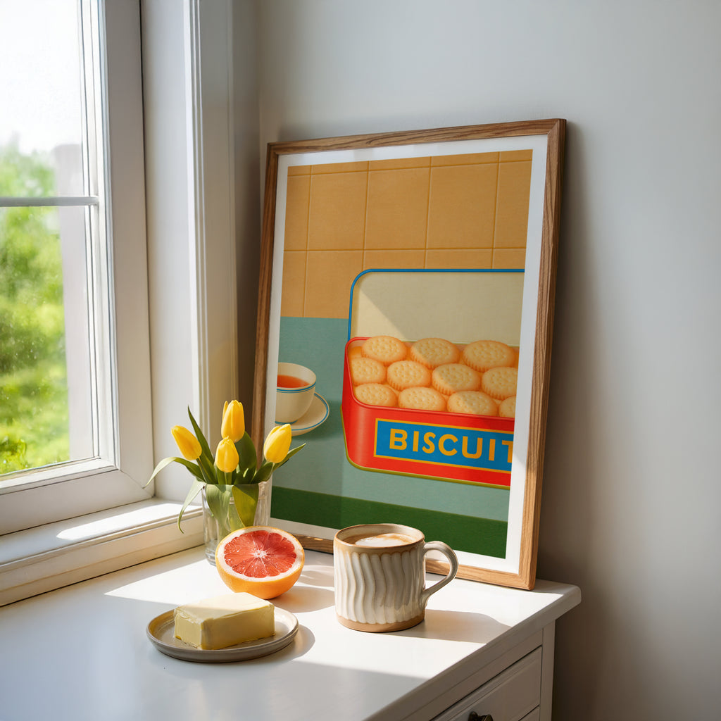 Vintage Food Poster Print, Biscuit Tin Tea Cup, Rustic Kitchen Decor, Retro Mid Century Risograph