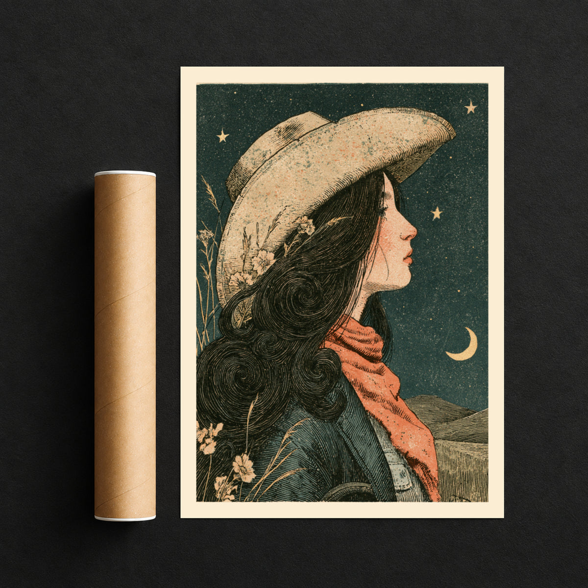 Vintage Cowgirl Wall Art, Western Poster, Starry Night Sky Print, Wildflowers, Crescent Moon Decor