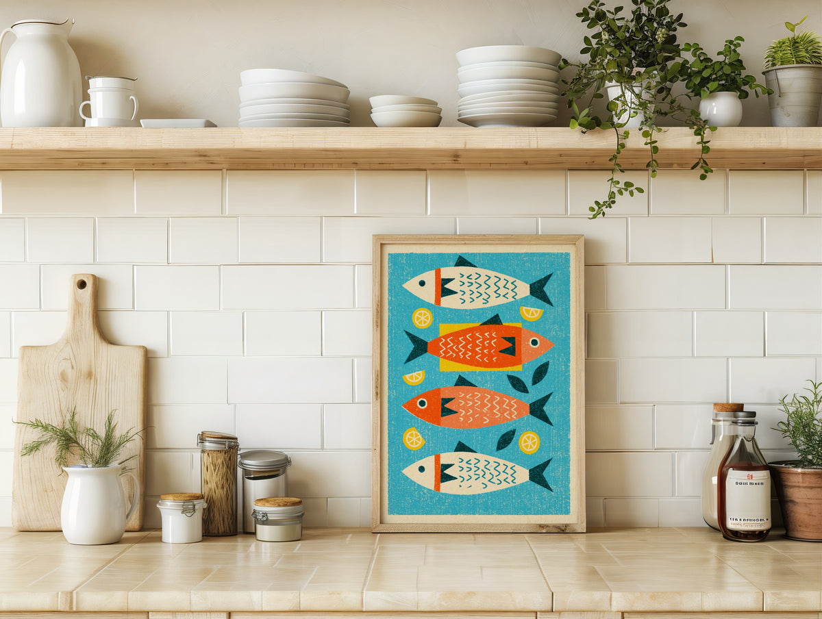 Vintage Food Poster Print | Rustic Kitchen Decor, Mid Century Sardine Fish Art, Retro Seafood Wall