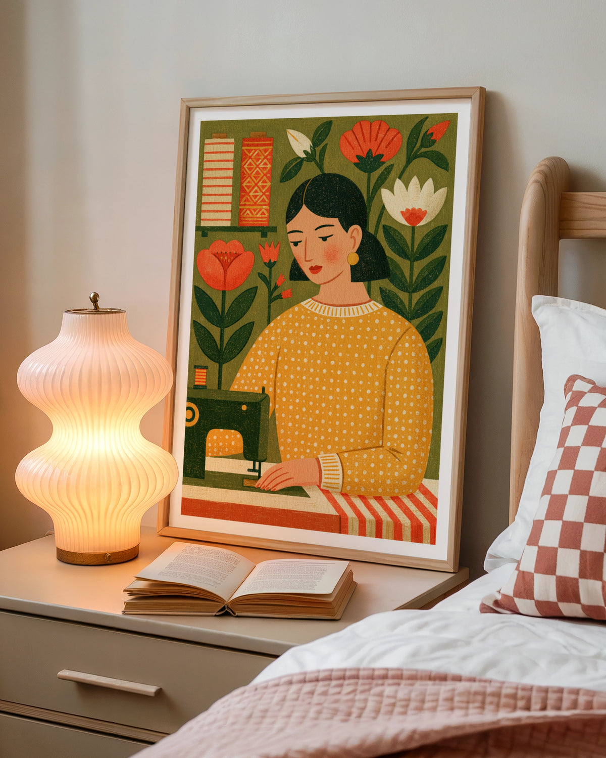 Retro Sewing Print, Craft Room Wall Art, Vintage Sewing Machine Poster, Floral Folk Art Gift