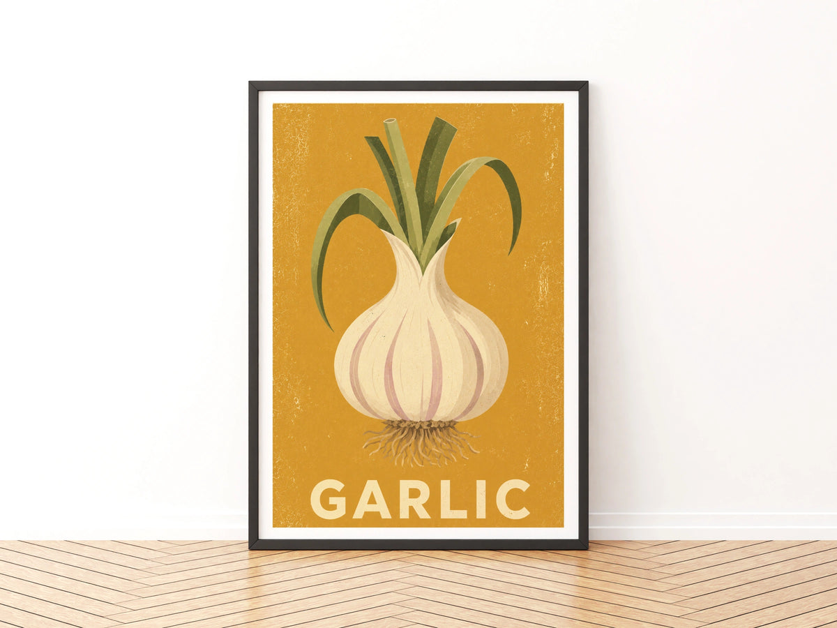 Garlic Vintage Food Poster Print | Rustic Kitchen Decor | Retro Mid Century Risograph Art