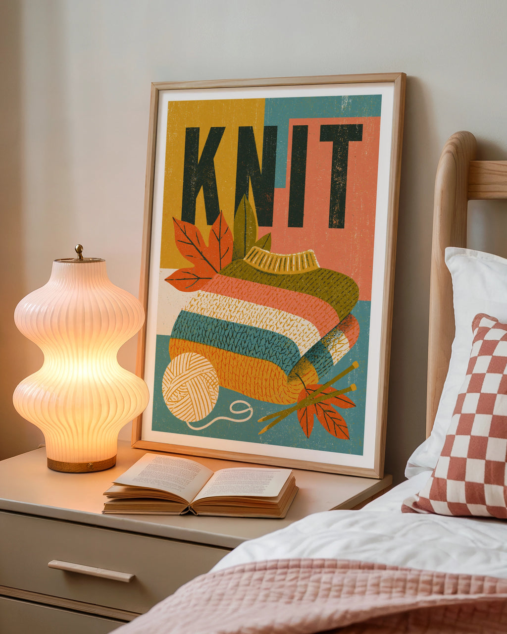 KNIT - Retro Knitting Poster, Knit Wall Art Print, Craft Room Decor, Autumn Yarn Gift