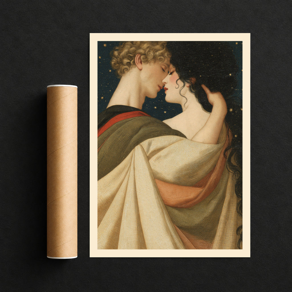 Romantic Couple Art Print, Vintage Lovers Poster, Starry Night Sky Wall Art, Bedroom Wall Decor